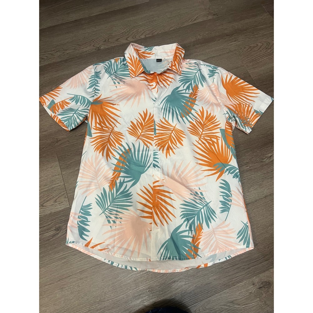 Manfinity Mens Tropical Palm Leaf Print Short Sleeve Button Up Shirt Orange Teal
